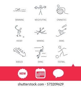Swimming, football and skiing icons. Ice hockey, diving and gymnastics linear signs. Kayaking, weightlifting and bobsleigh icons. New tag, speech bubble and calendar web icons. Vector