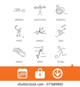 Swimming, football and skiing icons. Ice hockey, diving and gymnastics linear signs. Kayaking, weightlifting and bobsleigh icons. Download arrow, locker and calendar web icons. Vector