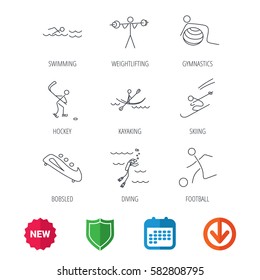 Swimming, football and skiing icons. Ice hockey, diving and gymnastics linear signs. Kayaking, weightlifting and bobsleigh icons. New tag, shield and calendar web icons. Download arrow. Vector