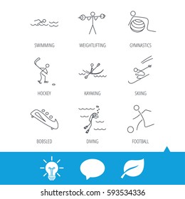 Swimming, football and skiing icons. Ice hockey, diving and gymnastics linear signs. Kayaking, weightlifting and bobsleigh icons. Light bulb, speech bubble and leaf web icons. Vector