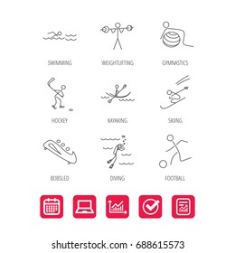 Swimming, football and skiing icons. Ice hockey, diving and gymnastics linear signs. Kayaking, weightlifting and bobsleigh icons. Report document, Graph chart and Calendar signs. Vector
