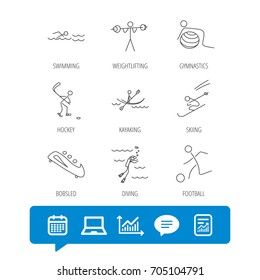 Swimming, football and skiing icons. Ice hockey, diving and gymnastics linear signs. Kayaking, weightlifting and bobsleigh icons. Report file, Graph chart and Chat speech bubble signs. Vector