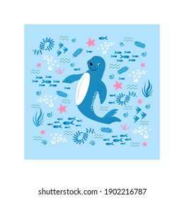 Swimming Fur seal, sea bear, monk seal, exotic fish and sea star. Underwater habitat with sea plants. Marine underwater lifestyle, background. Flat vector drawn illustration, isolated objects.