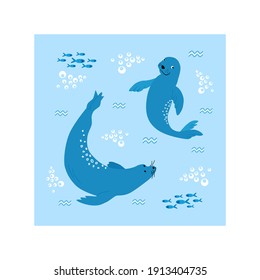 Swimming Fur seal, sea bear, monk seal, exotic fish and sea star. Underwater habitat with sea plants. Marine underwater lifestyle. Flat vector drawn illustration, isolated objects.