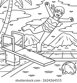 Swimming Girl Jumping from a Diving Board Coloring