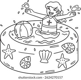 Swimming Girl on Inflatable Pool Isolated Coloring
