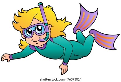 Swimming girl snorkel diver - vector illustration.