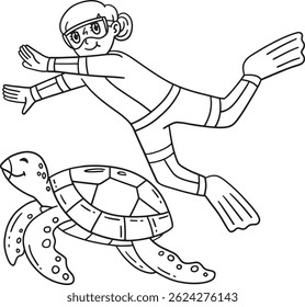 Swimming Girl with Turtle Isolated Coloring Page 