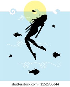 Swimming girl vector, summer time graphic design with sea, sun and fishes