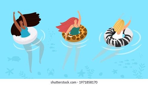 Swimming girls. Sea vacations, woman swim in water pool with rubber ring. Happy ocean beach holidays vector banner