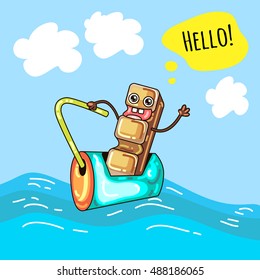 Swimming glass with tube and funny chocolate bar with hand gesturing. Vector cartoon. Comic character on ocean background.