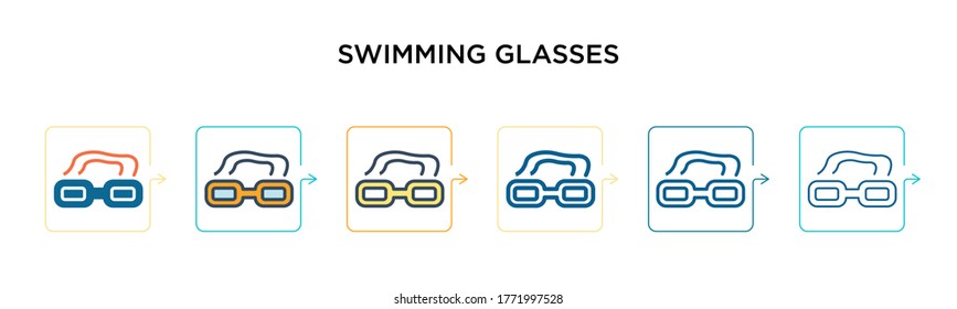 Swimming glasses vector icon in 6 different modern styles. Black, two colored swimming glasses icons designed in filled, outline, line and stroke style. Vector illustration can be used for web, 