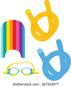 Swimming Goggles, Board And Pool Noodle  Equipment. Vector Illustration