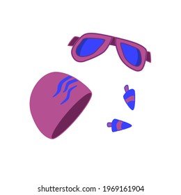 Swimming goggles, swimming cap and earplugs. Vector set of accessories for swimming lessons, isolated on a white background.