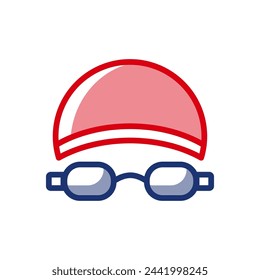 Swimming goggles and cap vector icon. It is useful in sports equipment stores, swim clubs, fitness apps, swimming events, sports media, and educational materials related to swimming and aquatics.