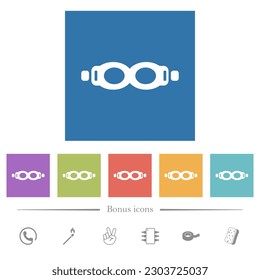 Swimming goggles flat white icons in square backgrounds. 6 bonus icons included.