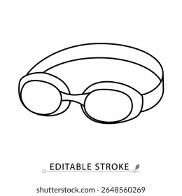 Swimming goggles icon in minimalist style with editable stroke. Pool accessory, underwater vision tool, swim gear, eye protection, sports equipment, outline object, vector line illustration.