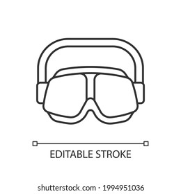 Swimming goggles linear icon. Eyes protection in swimming pool. Watertight equipment. Thin line customizable illustration. Contour symbol. Vector isolated outline drawing. Editable stroke