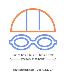 Swimming goggles two color line icon. Water sports and protective eyewear. Swimming cap and glasses bicolor outline symbol. Duotone linear pictogram. Isolated illustration. Editable stroke