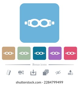 Swimming goggles white flat icons on color rounded square backgrounds. 6 bonus icons included