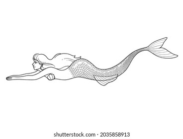 Swimming graphic mermaid. Side view. Vector design isolated on white background