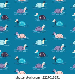 Swimming Grebes Blue Sea Winter Bird Vector Seamless Pattern