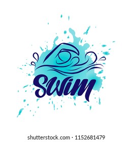 Swimming hand drawn outline icon and typography for sport event or marathon or competition or triathlon team or club, check list, invitation, poster, banner, logo. Swim icon, sport tattoo and graffiti