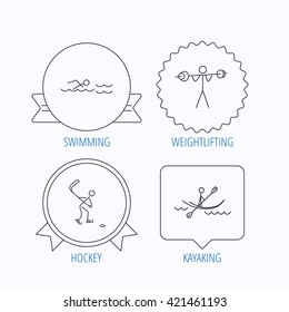 Swimming, hockey and kayaking icons. Weightlifting linear sign. Award medal, star label and speech bubble designs. Vector