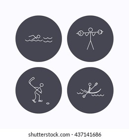 Swimming, hockey and kayaking icons. Weightlifting linear sign. Flat icons in circle buttons on white background. Vector