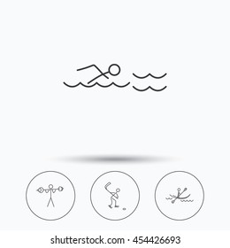 Swimming, hockey and kayaking icons. Weightlifting linear sign. Linear icons in circle buttons. Flat web symbols. Vector
