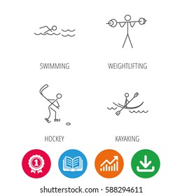 Swimming, hockey and kayaking icons. Weightlifting linear sign. Award medal, growth chart and opened book web icons. Download arrow. Vector