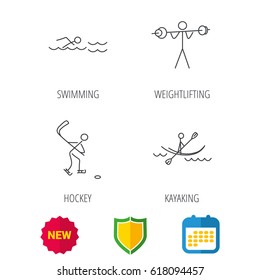 Swimming, hockey and kayaking icons. Weightlifting linear sign. Shield protection, calendar and new tag web icons. Vector