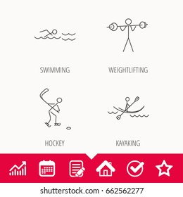 Swimming, hockey and kayaking icons. Weightlifting linear sign. Edit document, Calendar and Graph chart signs. Star, Check and House web icons. Vector