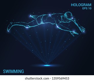 Holograma de natación. Una proyección holográfica de un nadador. Flujo de energía parpadeante de partículas. Diseño científico de la natación