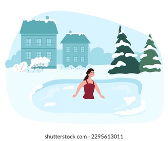 Swimming in ice. Healthy lifestyle challenge, sports activity. Woman in red bathing suit dives into hole. Winter season and cold weather. Church holy Epiphany day. Cartoon flat vector illustration