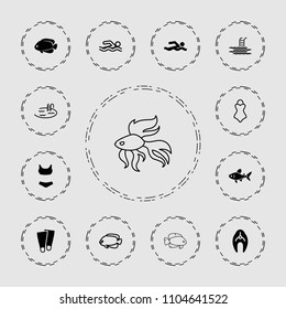 Swimming icon. collection of 13 swimming filled and outline icons such as fish, pool, swim suit, swimsuit. editable swimming icons for web and mobile.