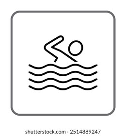 Ilustración de icono de natación. Icono simple del arte de la línea en blanco y negro de un nadador en el agua. Esta ilustración se puede utilizar para señalización, Sitios web y otros proyectos de diseño.