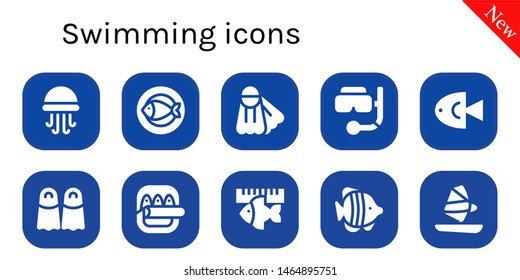swimming icon set. 10 filled swimming icons.  Simple modern icons about  - Jellyfish, Fish, Fins, Snorkel, Windsurf