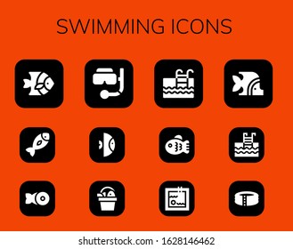 swimming icon set. 12 filled swimming icons.  Simple modern icons such as: Fish, Snorkel, Swimming pool, Pool