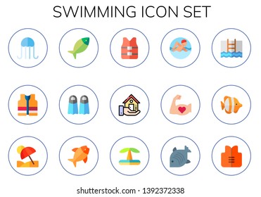 swimming icon set. 15 flat swimming icons.  Simple modern icons about  - jellyfish, vest, fish, fins, life vest, real estate, exercise, pool, vacation, swimming pool, life jacket