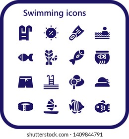 swimming icon set. 16 filled swimming icons.  Collection Of - Swimming pool, Summer, Fins, Fish, Fish bowl, Swim shorts, Pamela, Pool, Windsurf