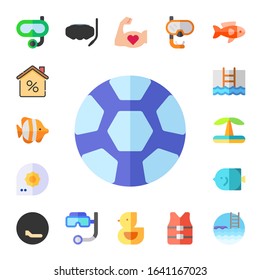 swimming icon set. 17 flat swimming icons. Included snorkel, mortgage, fish, sport, summer, pool, swimming pool, property, exercise, ducky, life vest icons