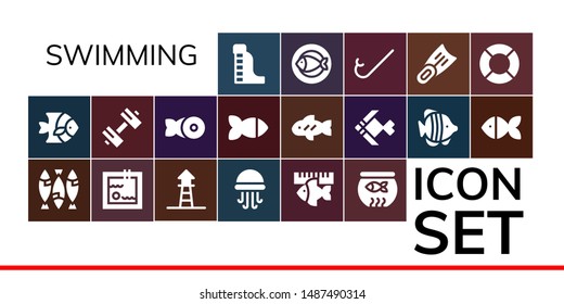 swimming icon set. 19 filled swimming icons.  Simple modern icons about  - Waterpark, Fish, Swimming pool, Lifeguard, Jellyfish, Fish bowl, Sport, Snorkel, Fins