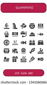 swimming icon set. 25 filled swimming icons.  Simple modern icons about  - Windsurf, Waterpark, Pamela, Fish bowl, Swimming pool, Fish, Pool, Snorkel, Swim, Fins, Swim shorts