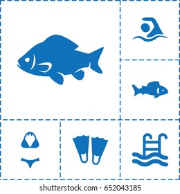 Swimming icon. set of 6 swimming filled icons such as fish, swimsuit