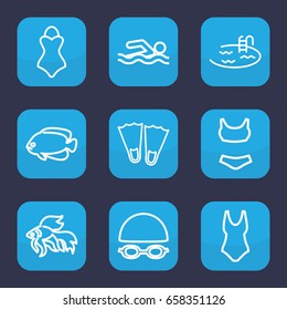 Swimming icon. set of 9 outline swimming icons such as fish, pool, swimsuit, swim suit