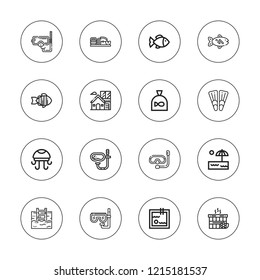 Swimming icon set. collection of 16 outline swimming icons with fish, fins, jellyfish, pool, real estate, sauna, snorkel icons.