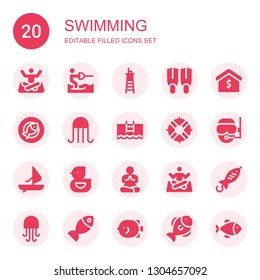 swimming icon set. Collection of 20 filled swimming icons included Yoga, Water ski, Lifeguard, Fins, Real estate, Fish, Jellyfish, Pool, Diver, Windsurf, Ducky