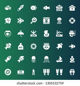 swimming icon set. Collection of 36 filled swimming icons included Fish, Fins, Lifeguard, Pool, Yoga, Windsurf, Jellyfish, Fish bowl, Diver, Water ski, Ducky, Manta ray, Real estate