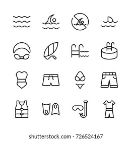 Swimming icon set. Collection of high quality outline summer pictograms in modern flat style. Black pool symbol for web design and mobile app on white background. Diving line logo.